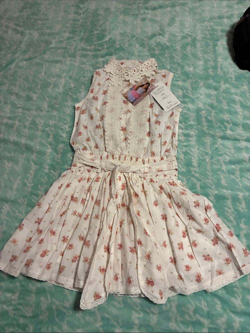 Girls' Cream Floral Lace-Trim Dress with Tie Waist